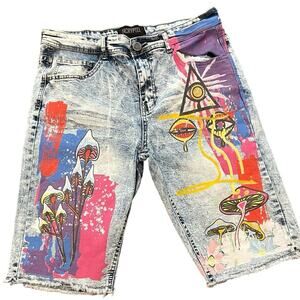 Encrypted Men’s Graffiti Acid Wash Denim Shorts Size 34 Jorts Mushroom Urban